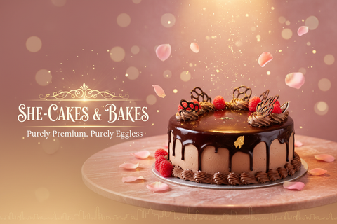 A luxurious, mouth-watering. Best Corner: One perfectly Vancho rich  cake on a pink marble table, soft golden spotlight, surrounded by floating rose petals and tiny golden sparkles. Left half: Elegant glowing text in gold and white: "SHE -CAKES & BAKES Purely Premium. Purely Eggless- this words should be very clear. Background: Soft pink-to-gold gradient, subtle bokeh lights, Chennai skyline silhouette very faint at bottom. Mood: Romantic, premium, festive, Instagram-worthy, in 8k resolution